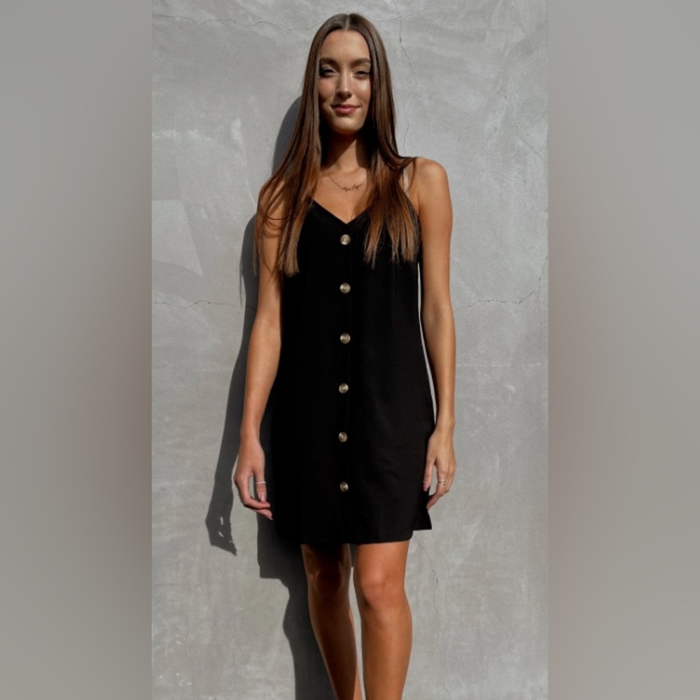 Black Button Down Spaghetti Strap Sleeveless V-neck Causal Mini Dress Size Large